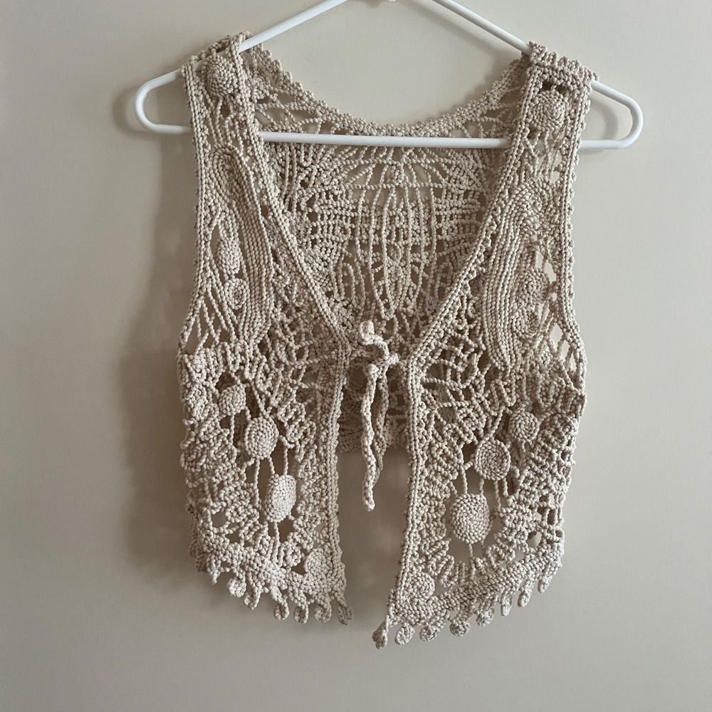 Womens Crochet Front Tie Medallion Vest XS/S Beige Y2K Boho Cottage Festival